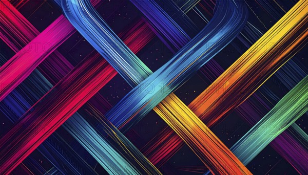 Abstract digital art featuring vibrant, intersecting neon lines creating a geometric pattern, Intersecting neon lines form a vibrant abstract geometric grid against a black background, Seamless looping illustration, colorful diagonal lines, creating a modern dynamic template background, vibrant colored lines and geometric forms for business or technology wallpaper, AI generated