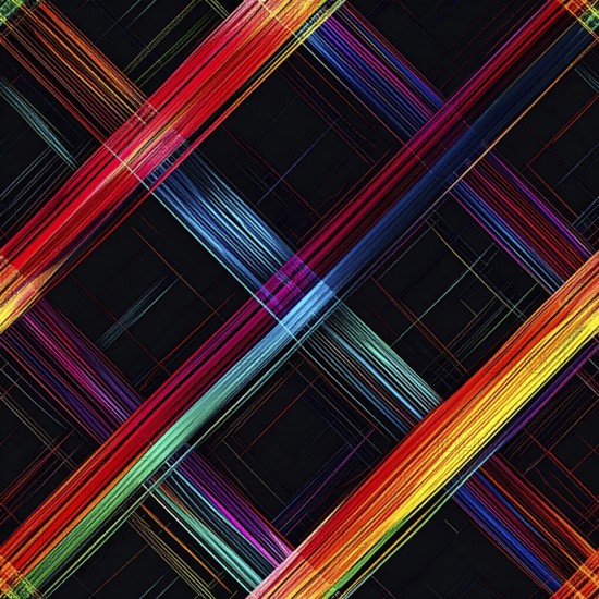 Abstract digital art featuring vibrant, intersecting neon lines creating a geometric pattern, Intersecting neon lines form a vibrant abstract geometric grid against a black background, Seamless looping illustration, colorful diagonal and wavy lines, creating a modern dynamic template background, vibrant colored lines and geometric forms for business or technology wallpaper, AI generated