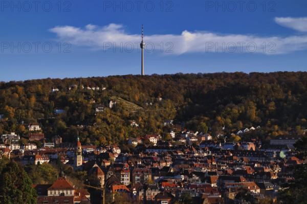 View of Suttgart-Süd with TV Tower, Weinsteige, St. Mark's Church, Stuttgart, Baden-Württemberg, Germany