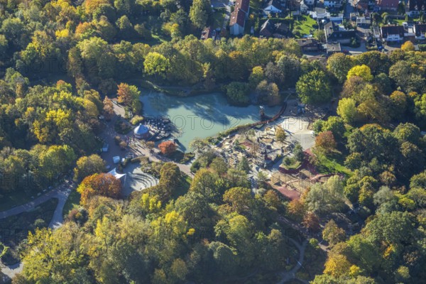 Aerial view, lake and autumn trees in Maximilianpark, children's playground and open-air stage, Seekiosk, Üntrop, Hamm, Ruhr region, North Rhine-Westphalia, Germany, trees in autumn colors, DE, Europe, leisure area, leisure activities, amusement park, leisure activities, autumn colors, autumn mood, autumn forest colors, aerial photography, aerial photography, MaxiPark, overview, bird's eye view, forest, forest in autumn colors, birds-eyes view, autumn trees, autumn forest, overview