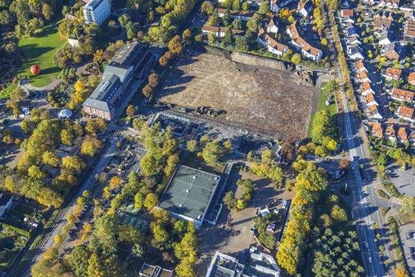 Aerial view, construction section of the Green Environmental Axis at Maxipark, construction site next to Freiherr-vom-Stein-Gymnasium, Maximilianpark entrance area with glass elephant, Uentrop, Hamm, Ruhr area, North Rhine-Westphalia, Germany, construction area, building plots, construction project, construction site, education, educational institution, DE, Europe, gymnasium, teaching institute, aerial photography, aerial photography, MaxiPark, new building, school, overview, bird's eye view, birds-eyes view, overview