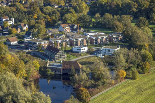 Aerial view, Schlossmühle building area, residential buildings new building on Schlossstraße, Heeßen district, Hamm, Ruhr area, North Rhine-Westphalia, Germany, construction area, building plot, construction project, construction site, DE, Europe, aerial photography, aerial photography, new building, overview, birds-eyes view, overview, birds-eyes view, overview