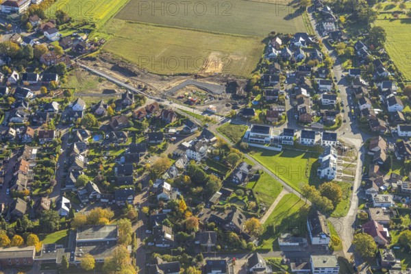 Aerial view, construction site on the corner of Bimbergsheide, Üntrop, Hamm, Ruhr region, North Rhine-Westphalia, Germany, construction area, building plot, construction project, construction site, DE, Europe, aerial photography, aerial photography, overview, birds-eyes view, overview