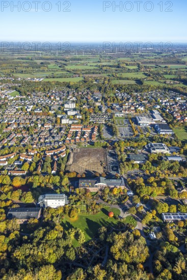 Aerial view, construction section of the Green Environmental Axis at Maxipark, construction site next to Freiherr-vom-Stein-Gymnasium, Maximilianpark entrance area with glass elephant, Uentrop, Hamm, Ruhr area, North Rhine-Westphalia, Germany, construction area, building plots, construction project, construction site, education, educational institution, DE, Europe, gymnasium, teaching institute, aerial photography, aerial photography, MaxiPark, new building, school, overview, bird's eye view, birds-eyes view, overview