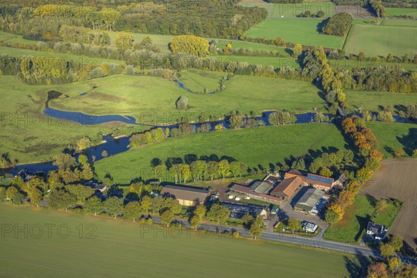Aerial view, agricultural farm, Heinrich Freisfeld farm, river Lippe and Lippe floodplain, autumn trees, Uentrop, Hamm, Ruhr region, North Rhine-Westphalia, Germany, farmer, farm, bridge Niederwerrieser Weg, DE, Europe, farm, agriculture, Lippe bridge, aerial photography, overview, birds-eyes view, overview