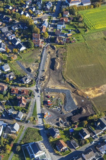 Aerial view, construction site on the corner of Bimbergsheide, Üntrop, Hamm, Ruhr region, North Rhine-Westphalia, Germany, construction area, building plot, construction project, construction site, DE, Europe, aerial photography, aerial photography, overview, birds-eyes view, overview