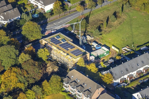 Aerial view, construction site with new daycare center Villa Kunterbunt on Ostwennemarstraße corner Alter Üntroper Weg, Üntrop, Hamm, Ruhr region, North Rhine-Westphalia, Germany, construction area, building site, building plot, construction project, construction site, DE, Europe, kindergarten, daycare center, daycare center, aerial photography, aerial photography, new building, overview, bird's eye view, Birds-eyes view, overview