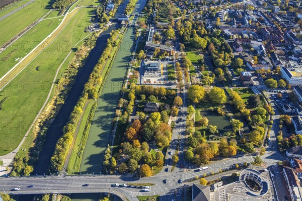 Aerial view, Datteln-Hamm Canal and Lippe river, water sports center, Hammonense grammar school and Nordringpark, habitat, Mitte, Hamm, Ruhr region, North Rhine-Westphalia, Germany, education, educational institution, DE, Europe, river, grammar school, channel, teaching institute, aerial photography, aerial photography, school, overview, birds-eyes view, overview