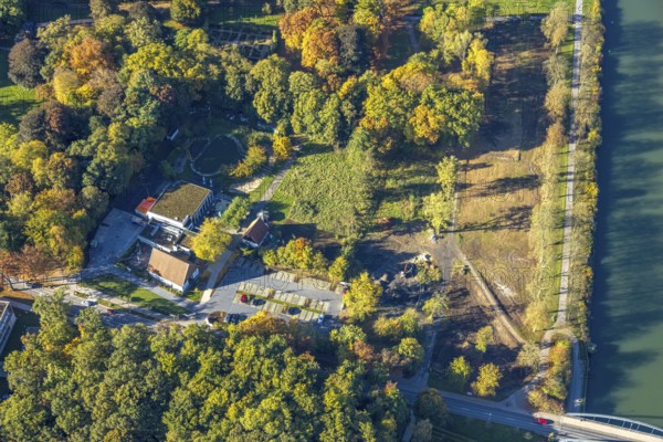 Aerial view, TusÃƒÂª Altes Fährhaus restaurant on the Datteln-Hamm Canal and Lippe river, autumn trees, Üntrop, Hamm, Ruhr region, North Rhine-Westphalia, Germany, trees in autumn colors, autumn colors, autumn mood, aerial photography, aerial photography, overview, birds-eyes view, overview
