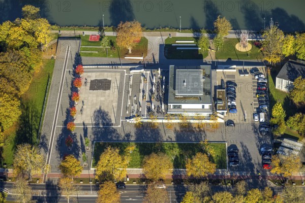 Aerial view, water sports center on the Datteln-Hamm Canal, autumn trees, Mitte, Hamm, Ruhr area, North Rhine-Westphalia, Germany, trees in autumn colors, DE, Europe, autumn colors, autumn mood, aerial photography, aerial photography, sports center, overview, bird's eye view, water sports, birds-eyes view, overview