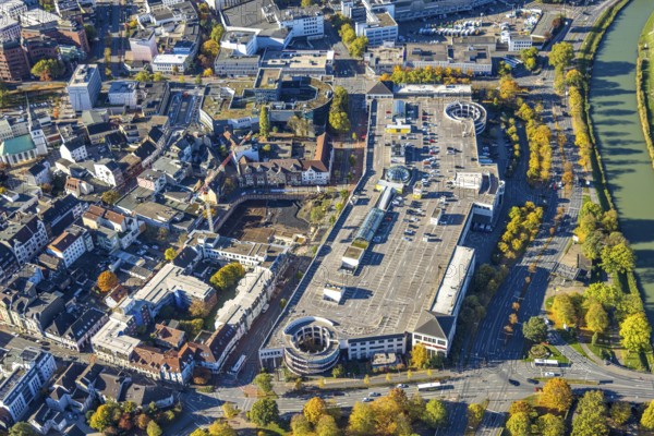 Aerial view, construction site with demolition and new construction of the western half of the Ritterpassage at the Allee-Center shopping center, Mitte, Hamm, Ruhr area, North Rhine-Westphalia, Germany, demolition, avenue center, construction area, building land, building plots, construction project, construction site, DE, roof with parking deck, shopping mile, shopping center, development, Europe, progress, buildings, shops, commercial sector, background, portrait format, infrastructure, crane, aerial view, aerial photography, aerial photography, northern Germany, perspective, knight's passage, city, cityscape, urban planning, structure, overview, urban, traffic, change, bird's eye view, western half, economy, birds-eyes view, modern, overview