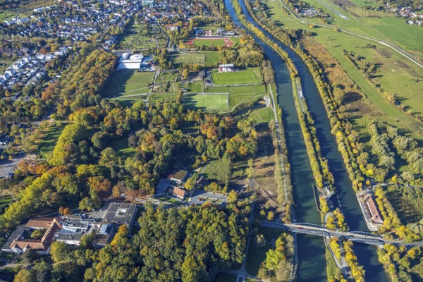 Aerial view, TusÃƒÂª Altes Fährhaus Restaurant am Datteln-Hamm Canal and Lippe River, Canal Ferry Bridge, below MVZ Prof. Dr. Uhlenbrock and Partner - Hamm spa garden location, autumn trees, view of the East Sports Center and Maximare - Erlebnistherme, Üntrop, Hamm, Ruhr area, North Rhine-Westphalia, Germany, trees in autumn colors, DE, Europe, health care, autumn, autumn colors, autumn mood, clinic, aerial view, aerial photography, aerial photography, medical facility, medical help, overview, bird's eye view, overview, medical care