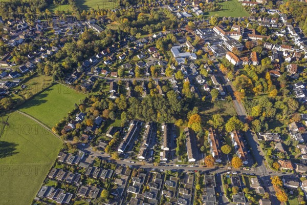 Aerial view, Huckenholz residential area, Johanniter-Kliniken Hamm location Knappenstraße, Üntrop, Hamm, Ruhr area, North Rhine-Westphalia, Germany, authority, trees in autumn colors, DE, Europe, health care, property tax, autumn colors, autumn mood, hospital, clinic, hospital, aerial photo, aerial photography, aerial photography, medical facility, medical assistance, apartment buildings, rental houses, townhouses, overview, bird's eye view, residential complex, housing and living, residential area, residential buildings, quality of living, residential district, residential area, birds-eyes view, autumn trees, overview, medical care