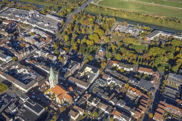 Aerial view, city and evangelical St. Paul's Church, weekly market market on the market square, educational center, Mitte, Hamm, Ruhr area, North Rhine-Westphalia, Germany, place of worship, education, educational institution, city, DE, shopping center, shopping center, Europe, religious community, church, parish, denomination, teaching institute, aerial photography, local supply Center, Religion, Religious Place of Worship, School, Shopping Center, Sports Center, Overview, Bird's Eye View, Water Sports, Birds-eyes view, overview