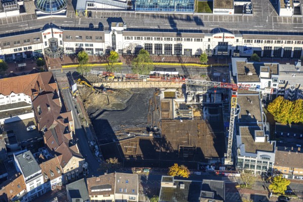 Aerial view, construction site with demolition and new construction of the western half of the Ritterpassage at the Allee-Center shopping center, Mitte, Hamm, Ruhr area, North Rhine-Westphalia, Germany, demolition, allee-center, architecture, construction, construction site, DE, shopping mile, shopping center, development, Europe, progress, shops, commercial sector, background, portrait mode, infrastructure, crane, aerial photography, aerial photography, northern Germany, perspective, knight's passage, city, cityscape, urban planning, structure, overview, urban, traffic, change, bird's eye view, western half, economy, birds-eyes view, modern, overview, overview