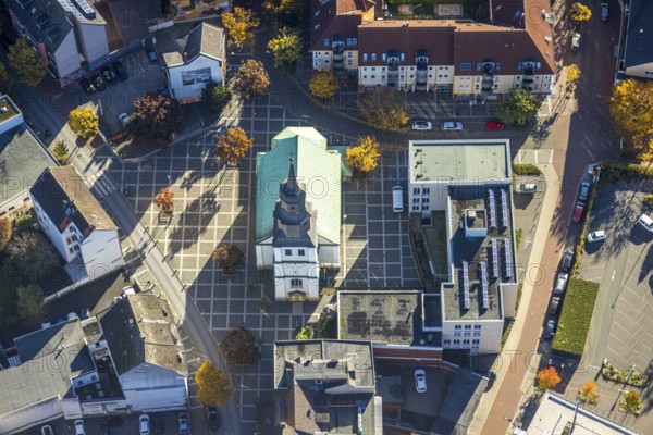 Aerial view, evangelische Jugendkirche/Lutherkirche, autumnal trees, Mitte, Hamm, Ruhr region, North Rhine-Westphalia, Germany, place of worship, holy place, church, parish, denomination, aerial photography, aerial photography, religion, religious place, overview, birds-eyes view, overview