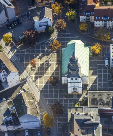 Aerial view, evangelische Jugendkirche/Lutherkirche, autumnal trees, Mitte, Hamm, Ruhr region, North Rhine-Westphalia, Germany, place of worship, holy place, church, parish, denomination, aerial photography, aerial photography, religion, religious place, overview, birds-eyes view, overview