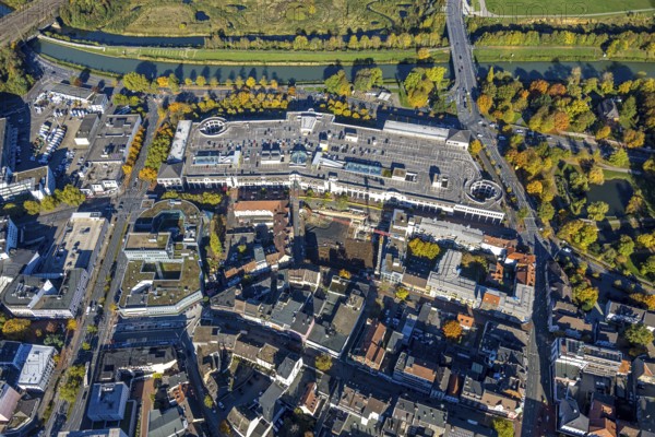 Aerial view, construction site with demolition and new construction of the western half of the Ritterpassage at the Allee-Center shopping center, city gallery with construction site, Lippebrücke, Mitte, Hamm, Ruhr region, North Rhine-Westphalia, Germany, demolition work, avenue, construction site, construction site, construction project, construction site, DE, roof with parking deck, shopping mall, development, Europe, progress, buildings, shops, commercial sector, background, portrait format, infrastructure, crane, aerial view, aerial photography, aerial photography, northern Germany, perspective, knight's passage, city, cityscape, urban planning, structure, overview, urban, traffic, change, bird's eye view, western half, economy, birds-eyes view, modern, overview, overview