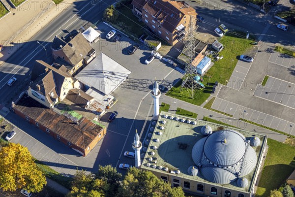 Aerial view, DiTiB Ulu Camii mosque, Islamic community, Herringen district, Hamm, Ruhr region, North Rhine-Westphalia, Germany, place of worship, DE, Europe, religious community, church, parish, denomination, aerial photography, aerial photography, mosque, religion, religious place, overview, birds-eyes view, overview