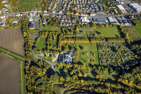 Aerial view, Herringen park cemetery and crematorium Hamm GmbH, barefoot path Lippepark, autumn trees, Herringen district, Hamm, Ruhr area, North Rhine-Westphalia, Germany, burial place, DE, Europe, cemetery, memorial, Gottesacker, graves, cemetery, aerial photography, resting place, overview, birds-eyes view, overview, birds-eyes view, overview