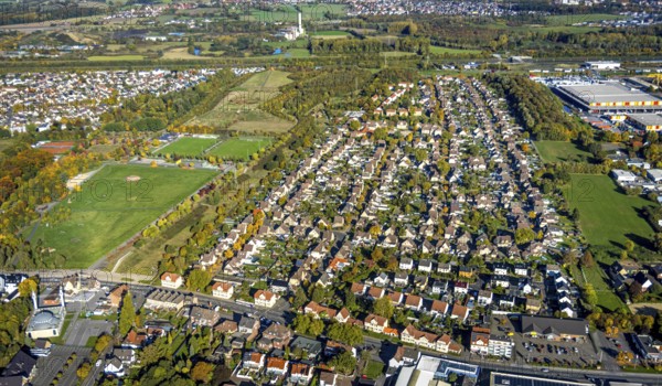 Aerial view, residential area housing development Isenbecker Hof, mining settlement Neue Kolonie, Herringen district, Hamm, Ruhr area, North Rhine-Westphalia, Germany, workers' housing development, DE, Europe, property tax, real estate, aerial photography, aerial photography, overview, bird's eye view, residential complex, living and living, residential area, residential district, birds-eyes view, overview