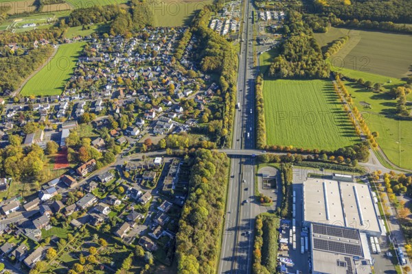 Aerial view, meadow area surrounded by autumn trees on the A2 motorway, Wambelner Straße bridge, Rhynern rest area behind, truck parking lot, district of Herringen, Hamm, Ruhr area, North Rhine-Westphalia, Germany, burial place, DE, Europe, cemetery, memorial, Gottesacker, graves, burial ground, aerial photo, aerial photography, resting place, road traffic, overview, bird's eye view, birds-eyes view, overview
