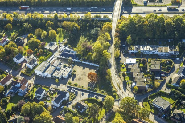 Aerial view, Wambelner Straße bridge over the A2 motorway, autumn trees, Rhynern district, Hamm, Ruhr area, North Rhine-Westphalia, Germany, motorway, bridge, DE, Europe, aerial photography, aerial photography, road traffic, overview, birds-eyes view, overview