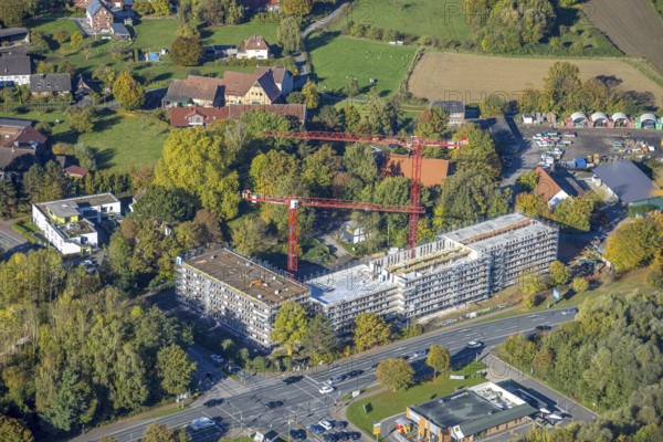 Aerial photo, construction site and new building for Autobahn GmbH office buildings, former garden center Kley on Ostdorfstraße and road intersection Werler Straße Bundesstraße B63 and Ostdorfstraße, Rhynern district, Hamm, Ruhr area, North Rhine-Westphalia, Germany, construction area, construction site, building plot, construction project, construction site, DE, development, Europe, aerial photography, aerial photography, aerial photography, new building, shell, overview, bird's eye view, birds-eyes view, overview