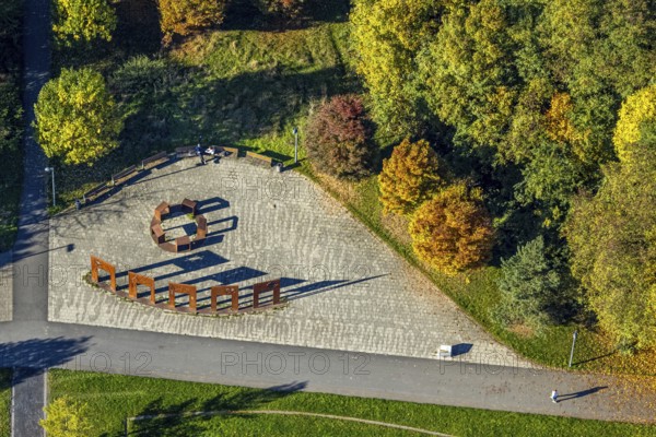 Aerial view, place of interreligious encounter, memorial sculpture in Lippepark, five steel gates and five lecterns represent the five world religions, meeting place for religious exchange, district of Herringen, Hamm, Ruhr area, North Rhine-Westphalia, Germany, DE, Europe, religious community, holy place, aerial photography, religion, religious place, sculpture, sculpture park, overview, bird's eye view, birds eyes view, overview