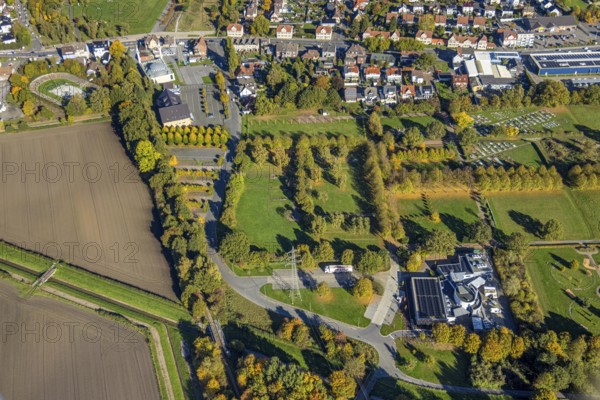 Aerial view, Herringen Park Cemetery, Hamm Krematorium GmbH, autumnal trees, Barbara Stadium and DiTiB Ulu Camii Mosque, Herringen district, Hamm, Ruhr area, North Rhine-Westphalia, Germany, burial place, DE, Europe, cemetery, memorial, cemetery, graves, burial ground, aerial photo, aerial photography, resting place, overview, bird's eye view, Birds-eyes view, overview