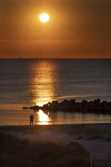 Sunset on the Baltic Sea with protective breakwaters, Darß, Ahrenshoop, Mecklenburg-Western Pomerania, Germany