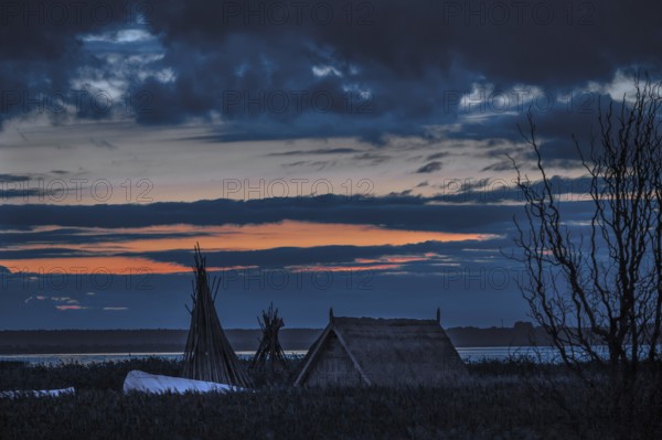 Dawn on the lagoon, a fishing hut in front, Baltic Sea, Ahrenshoop, Darß, Mecklenburg-Western Pomerania, Germany