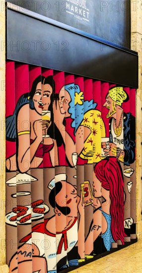 Mural in the Mercadeo da Ribeira, also known as TimeOut Market, the best address for Portuguese specialties and international cuisine. Historic market hall at Cais do Sodré railway station, Lisbon, Portugal