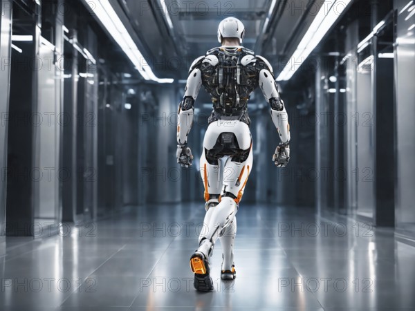 A humanoid robot walking in a sleek, futuristic hallway showcasing advanced technology, AI generated