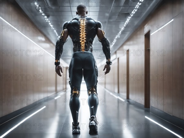 A muscular cyborg walking through a futuristic hallway, highlighting human enhancement, AI generated