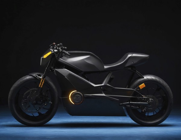 A sleek and futuristic black electric motorcycle against a dark background, AI generated