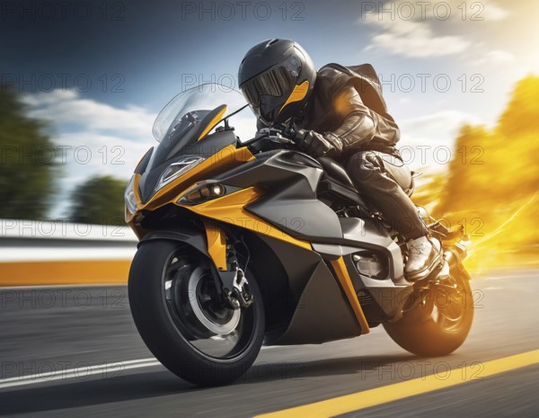 Motorcyclist leaning into a turn, showcasing speed and precision on the road, AI generated