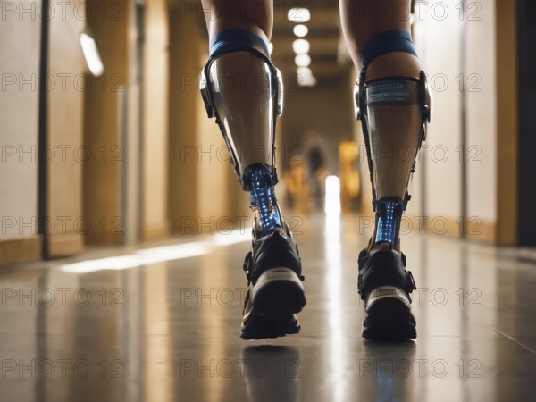 A back view of bionic legs in a modern hallway, showcasing advanced prosthetic technology, AI generated