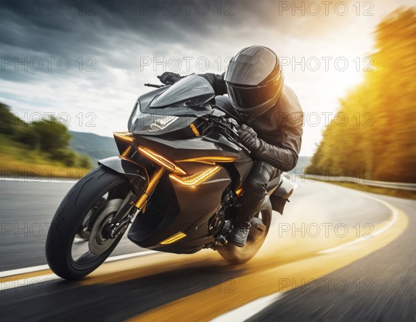 A dynamic shot of a motorcycle racer speeding on the road, vibrant and energetic, AI generated