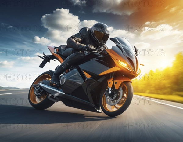 A motorcyclist in motion on an orange bike, speeding down a road at sunset, AI generated