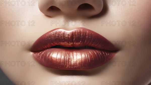 Close-up of shiny copper-colored lips with a metallic finish, AI generated