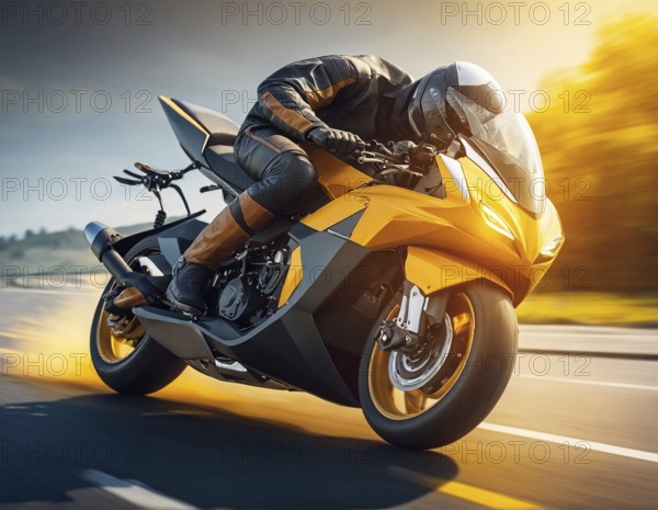 A motorcyclist racing on a yellow bike at high speed during sunset, AI generated