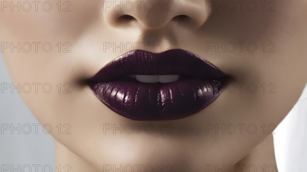 Close-up of glossy dark purple lips, showcasing a glamorous style, AI generated