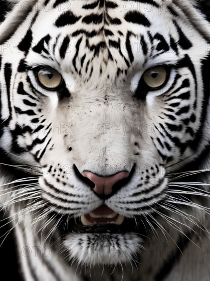 Close-up of a white tiger's face showcasing its intense gaze and stripes, AI generated