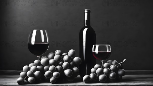 Minimalist wine and grape arrangement with glasses on a dark background, AI generated