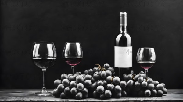 A still life with a wine bottle and glasses surrounded by grapes on a dark background, AI generated