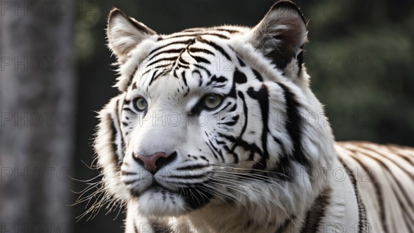 Close-up of a majestic white tiger in a natural forest setting, highlighting its stripes, AI generated