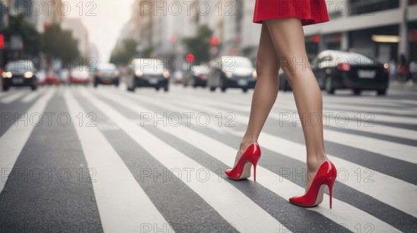 Elegant red heels paired with a red dress, confidently walking in city traffic, AI generated