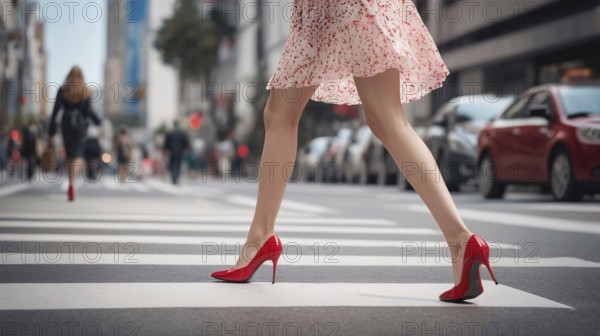 Red heels and a floral dress in motion, elegantly crossing a busy urban street, AI generated