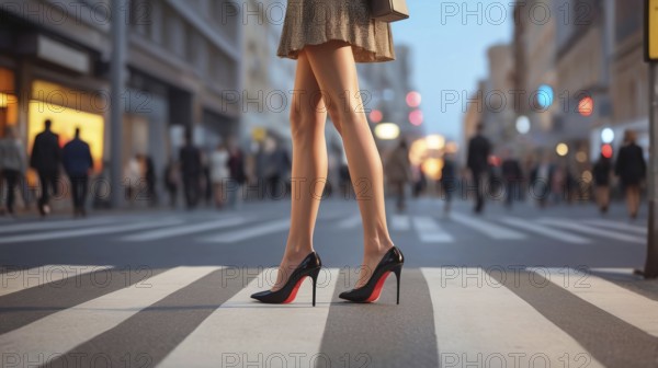 Stylish black heels with red soles stepping confidently on an urban crosswalk at dusk, AI generated